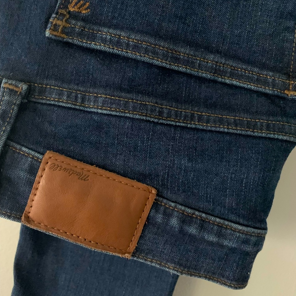 Madewell Dark Blue High-Rise Jeans with Brown Leather Patch